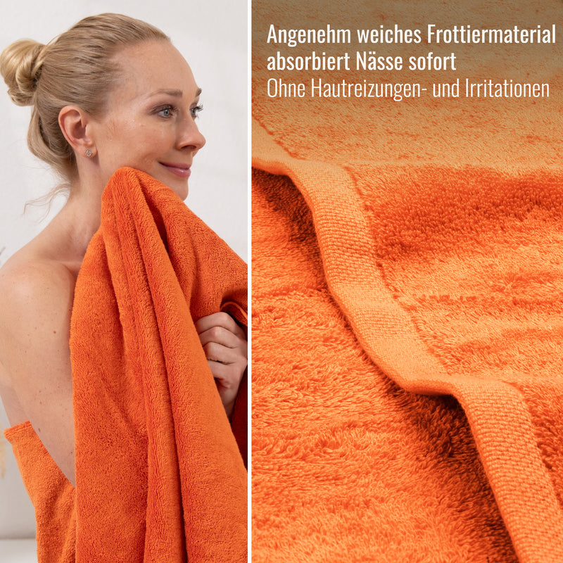 Frau am Strand mit Bomlins Handtuch Set Orange 3-teilig