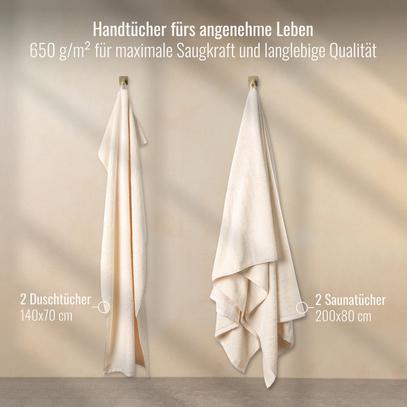 2 Saunahandtücher + 2 Duschtücher Elfenbein