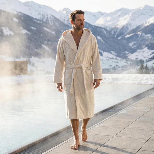 Mann in einem elfenbeinfarbenen Bademantel am Pool mit Gebirgen im Hintergrund.