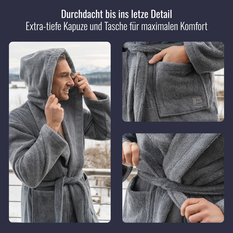 Bademantel Herren Grau mit allen Details.