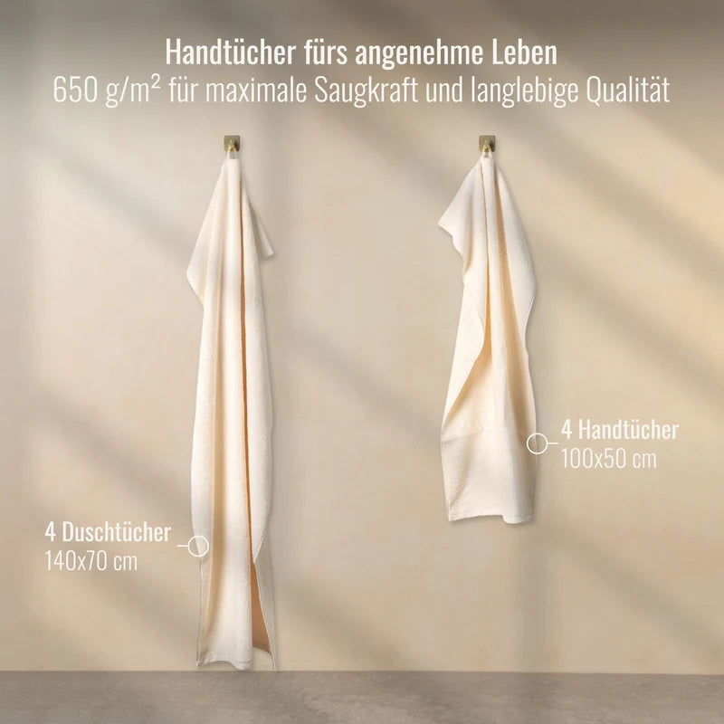 8er Handtücher Set Beige aus 100 % ägyptischer GIZA-Baumwolle: 4 Duschtücher und 4 Handtücher, 650 g/m², weich, saugstark und ideal fürs Familienbad.