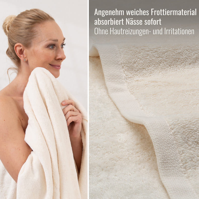 Beiges Duschtuch mit doppelten Nähten – fusselfrei, robust und ideal für den täglichen Gebrauch im Bad.