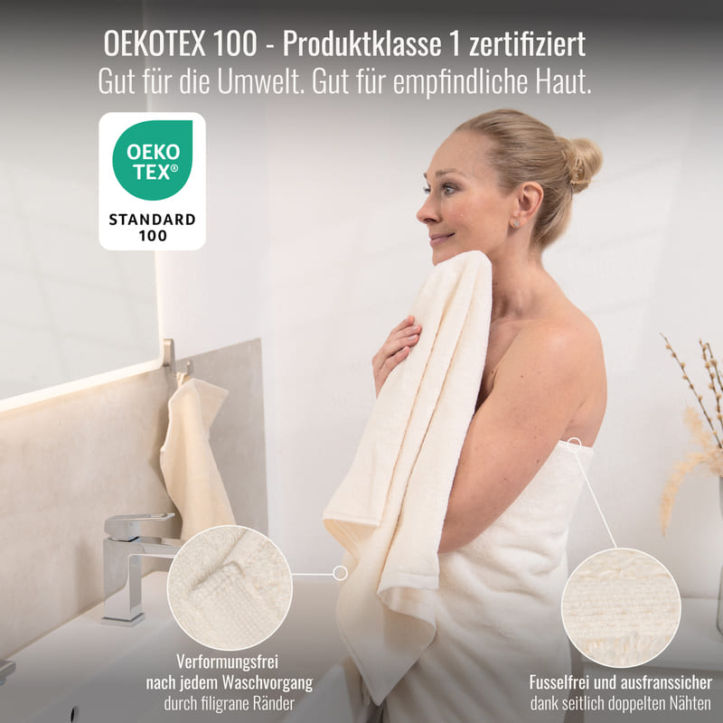 Beige Handtücher mit OEKO-TEX 100 Zertifikat – hautfreundlich, nachhaltig und perfekt für empfindliche Haut.