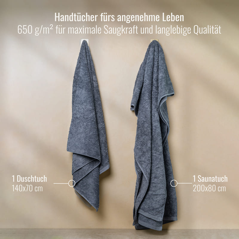 2 Saunahandtücher + 2 Duschtücher Grau/Anthrazit