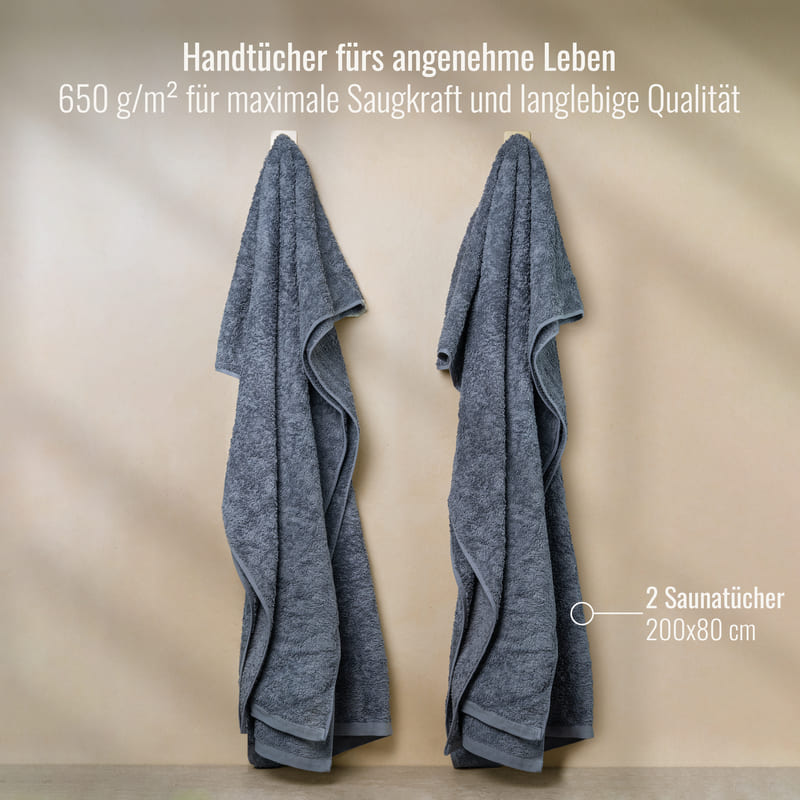 2er Set Saunahandtücher Grau Anthrazit 80x200 cm